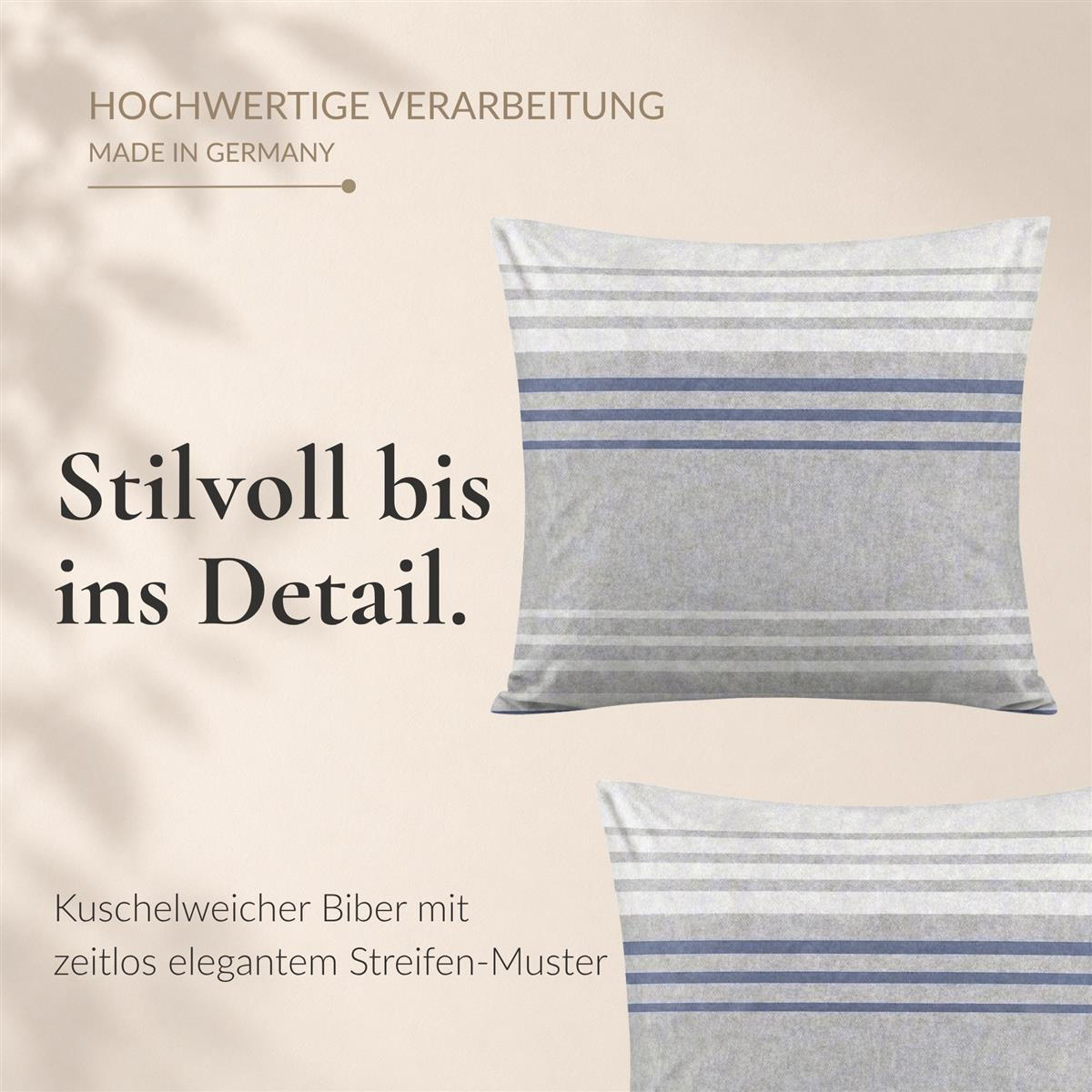 BIBER-BETTWÄSCHE 135x200 - Made in Germany! Flauschig warmer Flanell Bettbezug mit Streifen Muster aus 100% Baumwolle für Herbst & Winter - Blau Grau - Blau, Textil (135/200cm) - Carpe Sonno