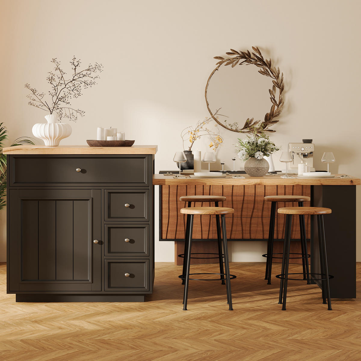 KÜCHENINSEL 120-184/70/94 cm Schwarz mit 4 Schubladen und Rollen - Schwarz, Holz (70/94/184cm) - Oxeza