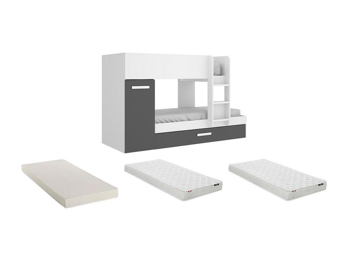 ETAGENBETT Ausziehbett mit Stauraum + Matratzen - 3x 90 x 190 cm - Weiß & Anthrazit - ANTHONY - Anthrazit/Weiß, Holz (97/243cm) - Vente-Unique