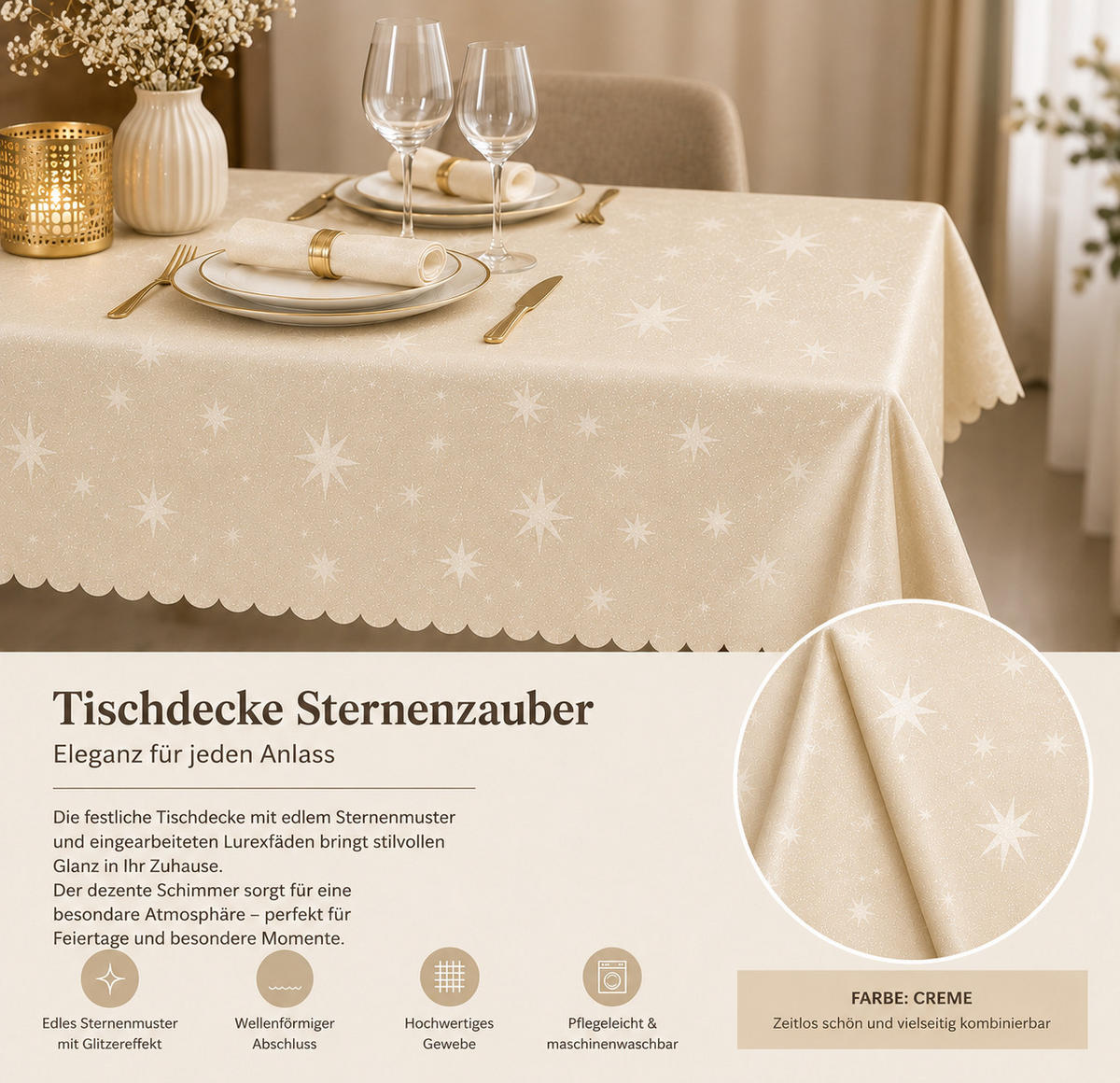TISCHDECKE 130/260 eckig Lurex Sterne Creme - Creme, Textil (130/260cm) - TiborTex