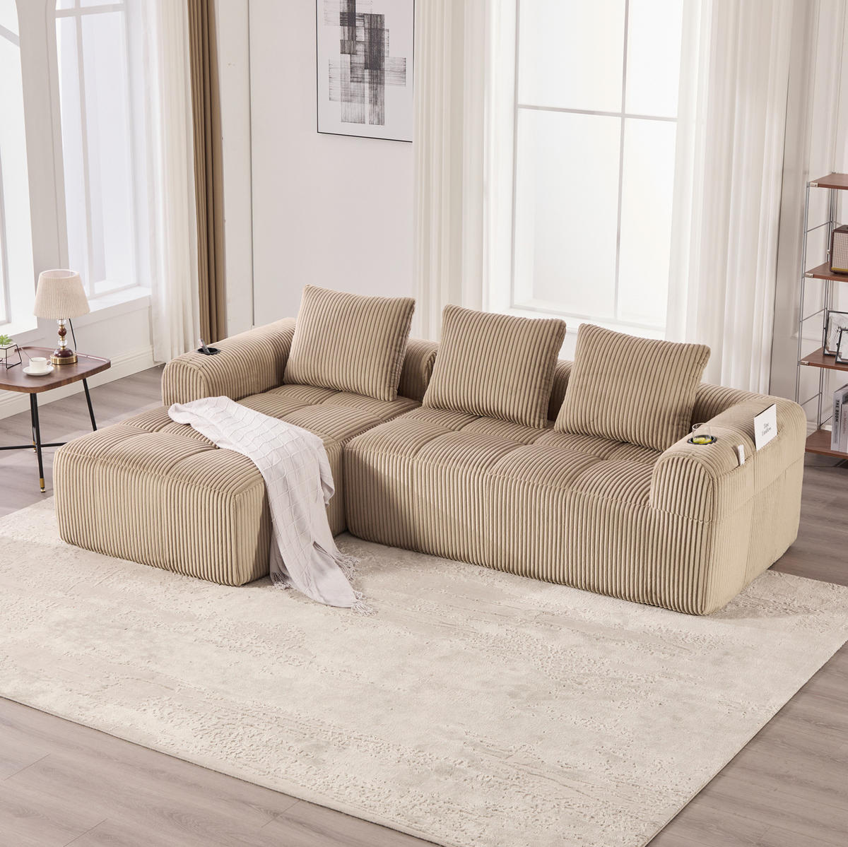 KOMPAKTSOFA Cord mit Seitentaschen und Becherhalter 253/158/61 cm Sandfarben - Sandfarben, Textil (158/253cm) - Redom