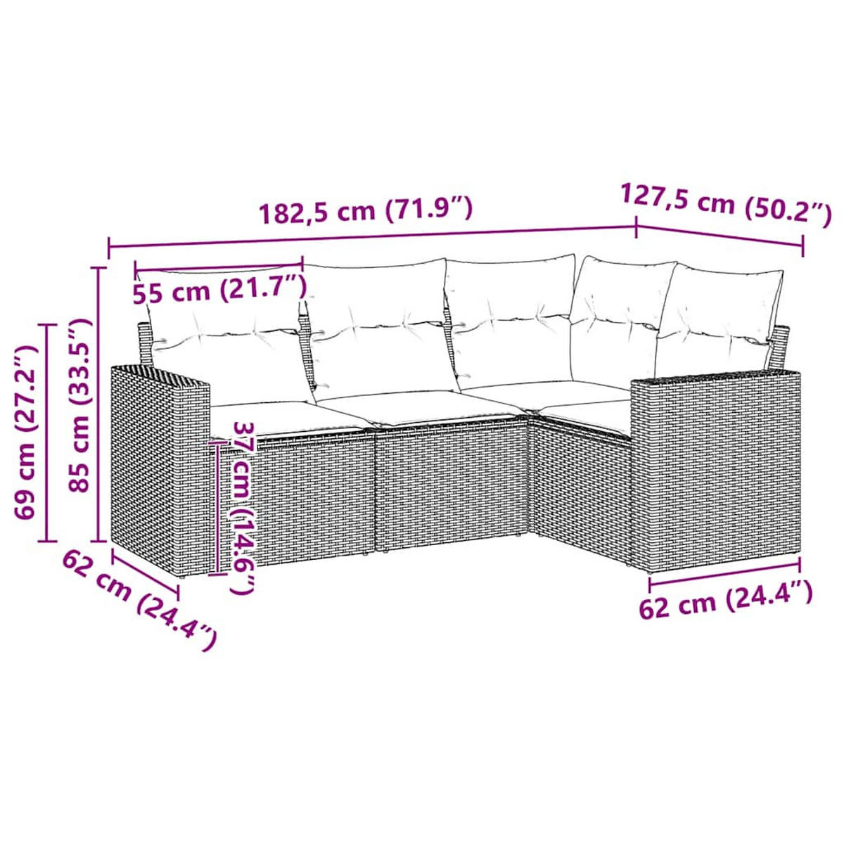 GARTEN-SOFAGARNITUR 4-TLG. Mit Kissen Schwarz Poly Rattan - Creme, Kunststoff (127.5/85/182.5cm) - vidaXL