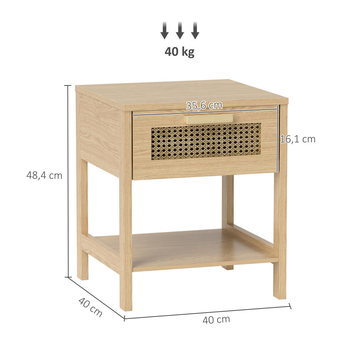 NACHTTISCH aus Holz mit Rattan-Schublade & Ablage, 40/40/48,4 cm, Naturholz - Naturfarben, Holz (40/48.4/40cm) - Redom