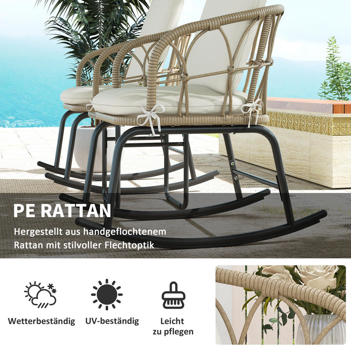 3-TEILIGES Schaukelstuhl-Set mit Tisch Rattan & Glasplatte - Beige, Metall - Modfu