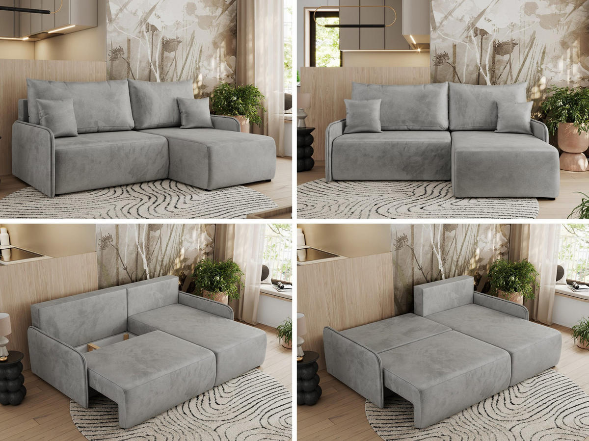 ECKSCHLAFSOFA ARPA L Hellgrau Velvet - rechts - Hellgrau/Schwarz, Kunststoff/Textil (150/198cm) - MKS