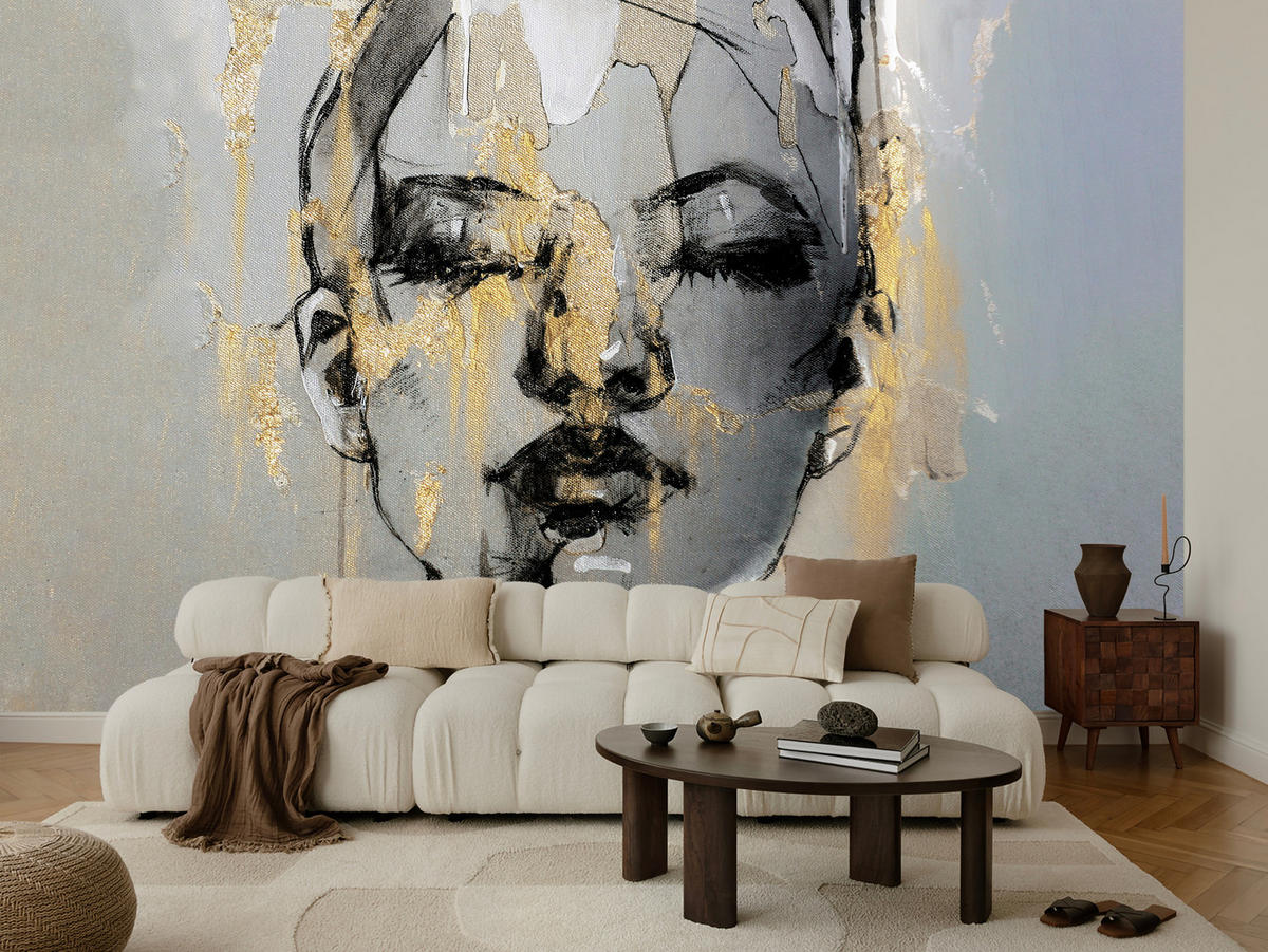 FOTOTAPETE für Wohnzimmer Frau Abstraktes Porträt Beton Modern Gold 200x140 - Gelb/Goldfarben, Papier (200/140cm) - Muralo