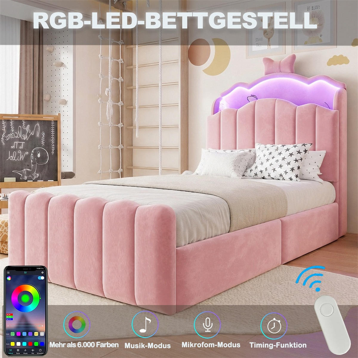 POLSTERBETT 90x200 cm mit hydraulischem Stauraum und LED Beleuchtung - 3USB - Anschlüsseund Typ-C - Beige - Beige, Textil (90/200cm) - DELFA