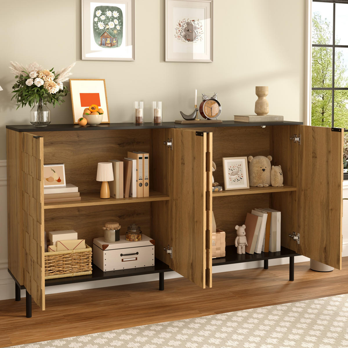 SIDEBOARD 160/35/80,5 cm mit 2 Türen in Natur/Schwarz & Mosaikfronten - Naturfarben, Holzwerkstoff (160/80/35cm) - BEAOK