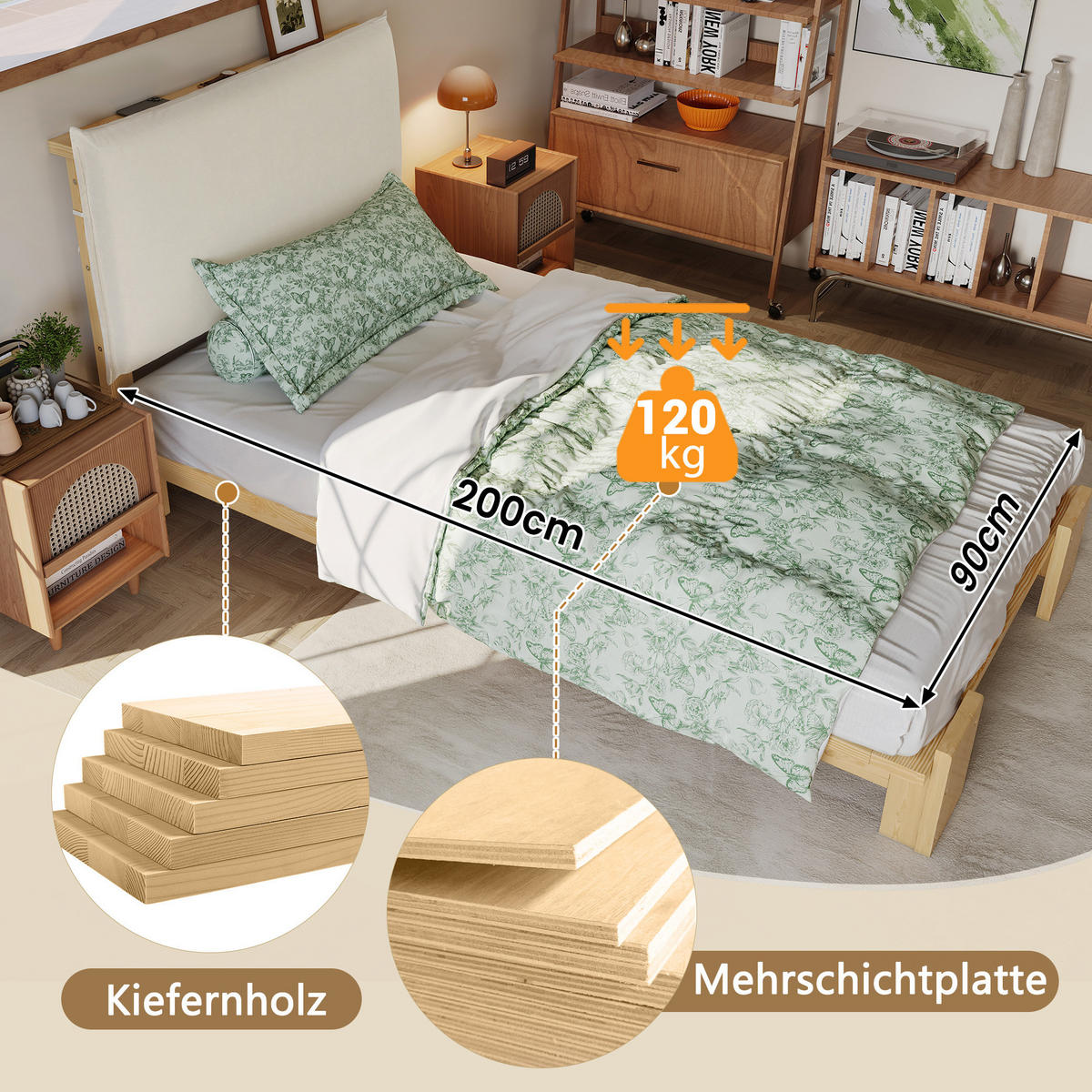 POLSTERBETT 90/200 cm aus Kiefernholz mit gepolsterter Rückenlehne, stabilen Lattenrosten und breiten Bettbeinen, Natur - Naturfarben, Textil (90/200cm) - Redom
