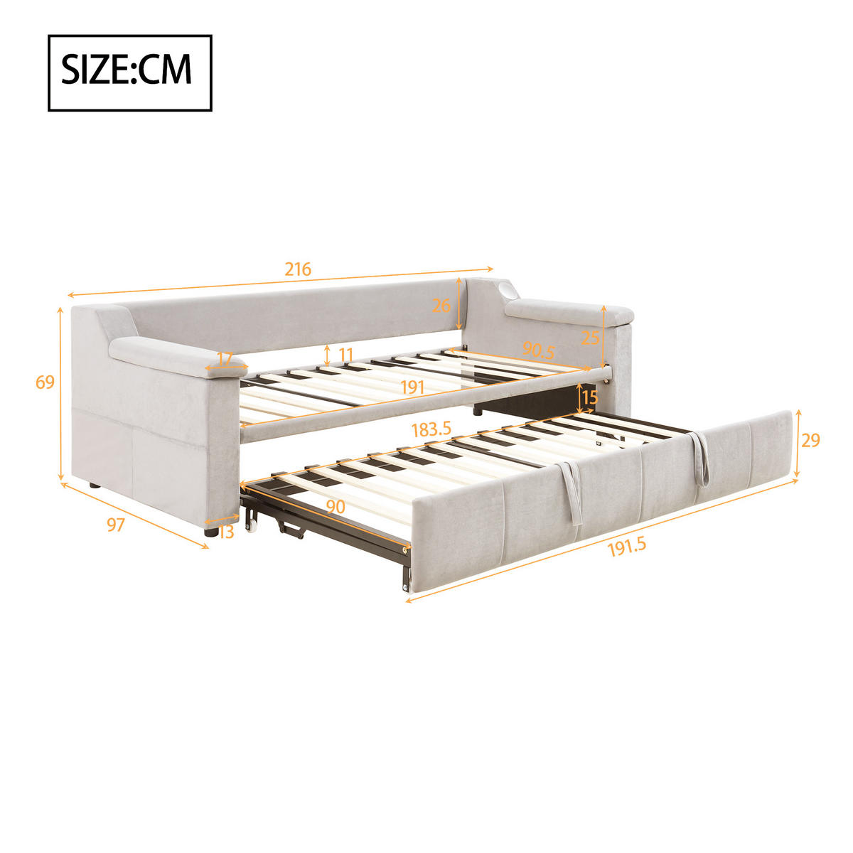 AUSZIEHBETT 90/190 cm beige mit Bluetooth-Stereoanlage und Ablagefächern - Weiß, Textil (90/190cm) - OKWISH