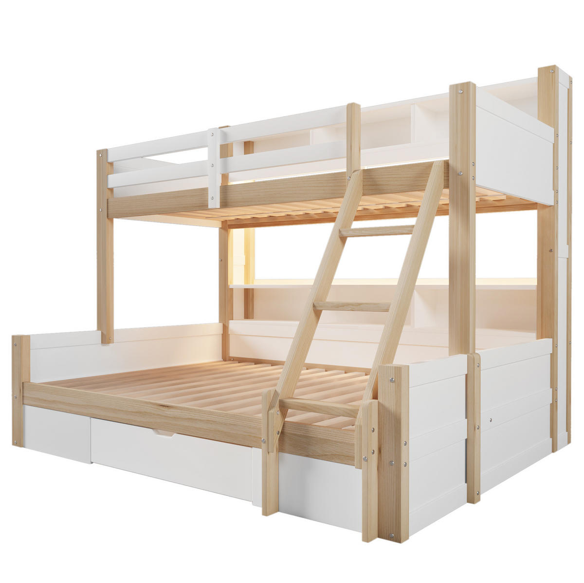 ETAGENBETT aus Kiefernholz 90x200/140x200 cm Weiß/Natur mit LED-Beleuchtung, Stauraum und Schublade - Weiß, Holzwerkstoff (90/200cm) - IVMEU