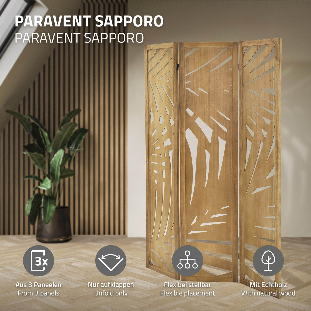PARAVÁN, 3dílný, Sapporo, 170 × 121 cm, přírodní, ze dřeva - hnědá, dřevo (121/170/2cm) - ML-DESIGN