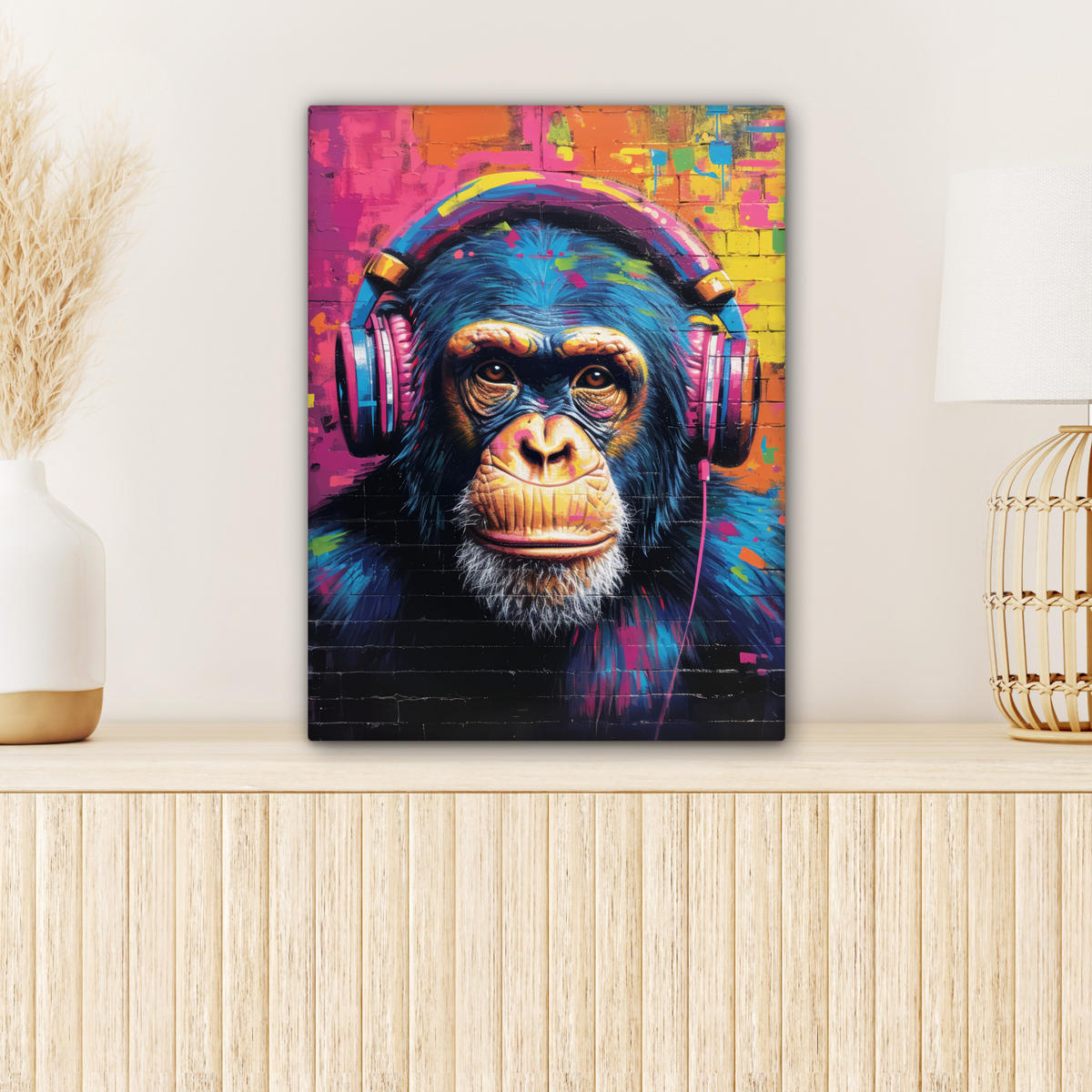 LEINWANDBILD Graffiti - Schimpanse - Straßenkunst - Kopfhörer - Affe Room Decor 30x40 cm - Blau, Textil (30/40cm) - MuchoWow