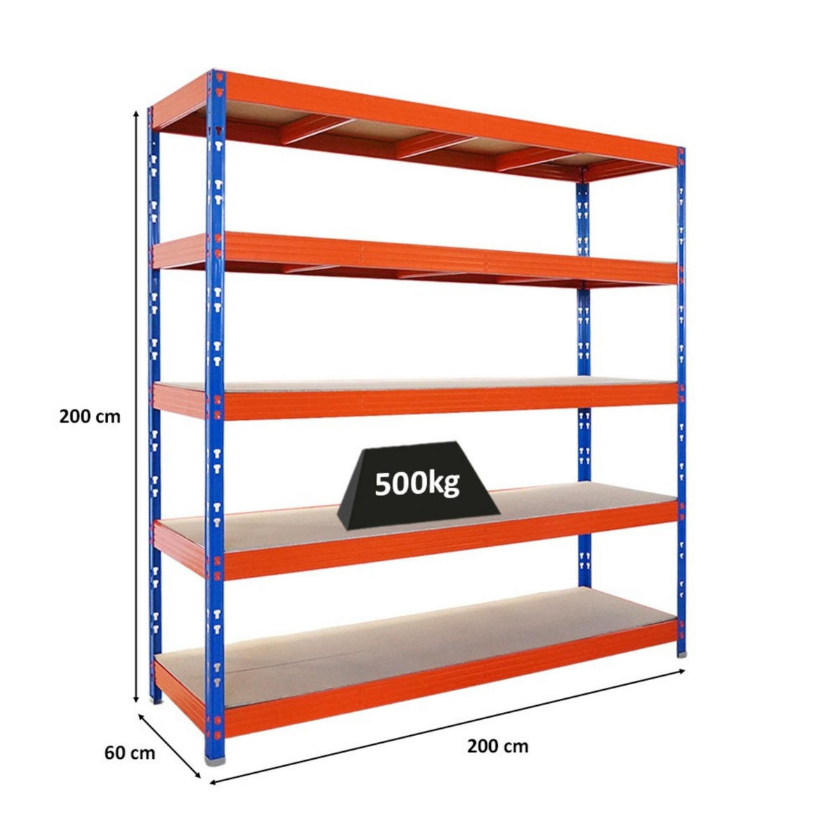 SCHWERLASTREGAL Rhino 200x200x60 cm 5 Spanplatten-Ebenen 8mm Fachlast 500 kg Blau/Orange - Blau/Orange, Metall (200/200/60cm) - PROREGAL