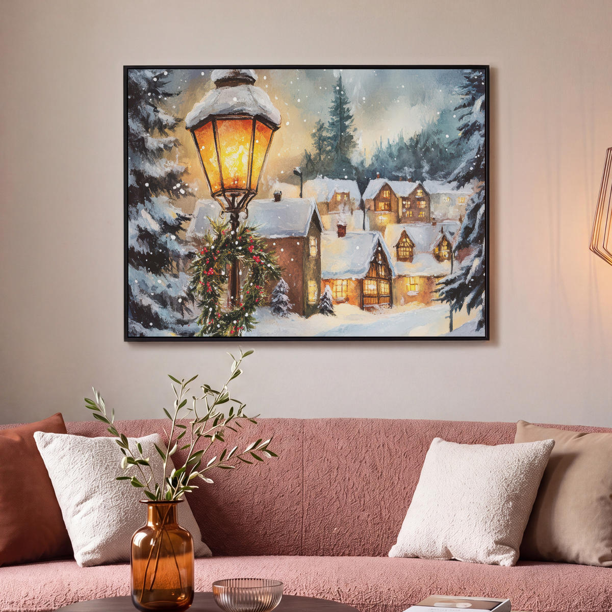 LEINWAND Bilder mit Rahmen - Weihnachtsdorf - Häuser - Schnee - Weihnachten - 100x70 - Sandfarben, Textil (100/70cm) - MuchoWow