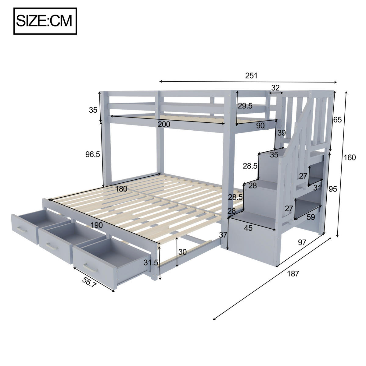 ETAGENBETT 90/200 cm aus Kiefernholz und MDF mit Ausziehbett und Stauraumleiter Grau - Grau, Holz (90/200cm) - Modenvie