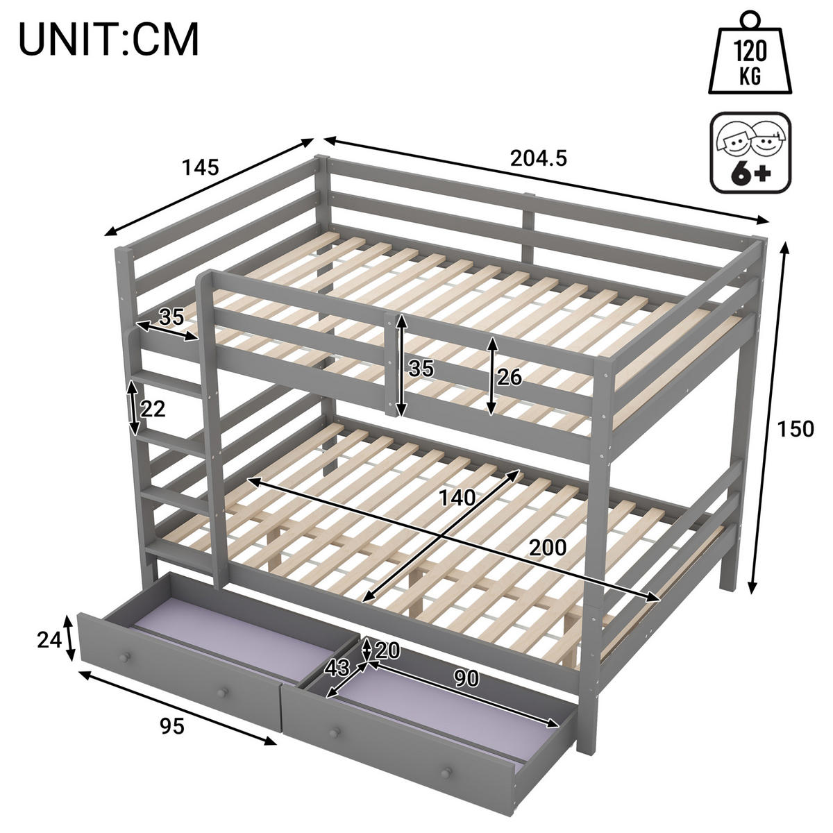 ETAGENBETT 140/200 cm mit Stauraum, Schublade, hoher Absturzsicherung und Treppe aus Kiefer , Grau - Grau, Holzwerkstoff (140/200cm) - Redom