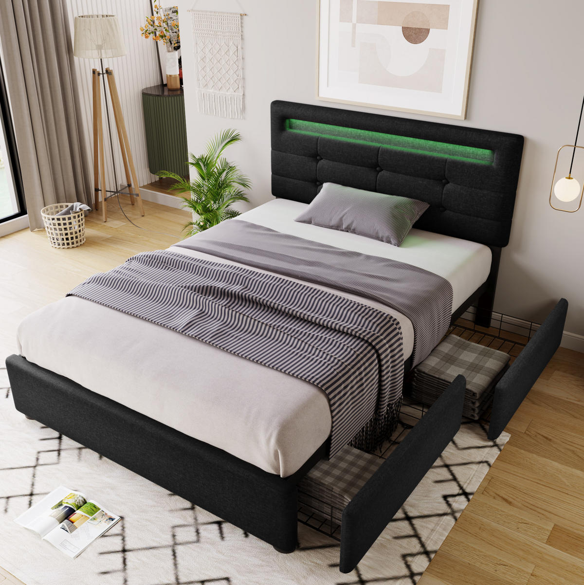 POLSTERBETT 90/200 cm mit Matratze LED-Beleuchtung, 2 Schubladen, verstellbarem Kopfteil, Schwarz - Schwarz, Textil (90/90cm) - Redom