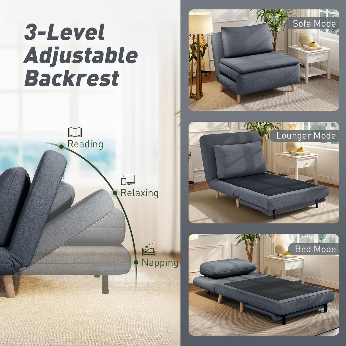 SCHLAFSESSEL 3-in-1 Sessel Bett-Funktion , verstellbare Rückenlehne - Buchefarben/Grau, Buchenholz/Textil (90/80/95cm) - HOMCOM