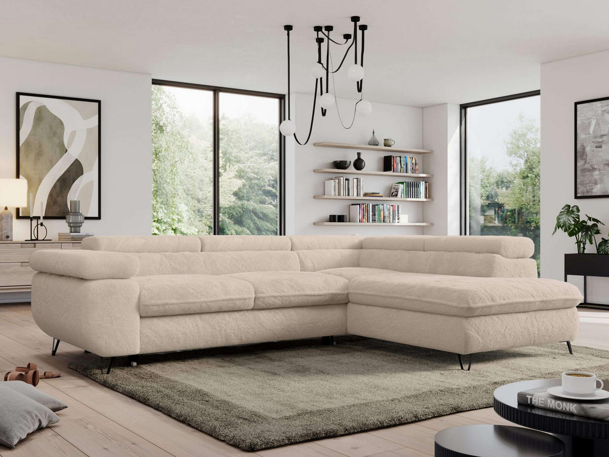 ECKSOFA PEDRO L Ecru Plüsch - Rechts Seite - Ecru/Schwarz, Textil/Metall (273/208cm) - MKS