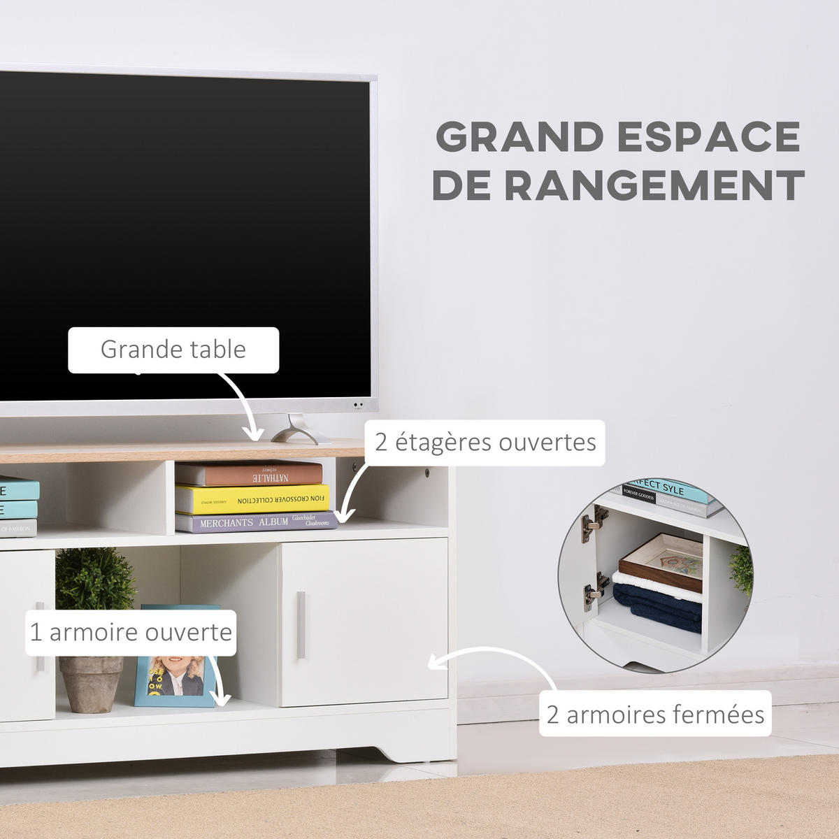 TV-LOWBOARD Weiß/Natur 105/40/52 cm, 2 Türen, Kabeldurchführung - Weiß, Holz (105/52/40cm) - PANGIVO