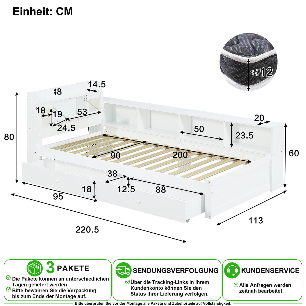 BETT 90/200 cm in Weiß mit Ablagefach, 2 Leuchten, Ladebuchse und 2 Schubladen - Weiß, Holz/Holzwerkstoff (90/200cm) - CHICFURN