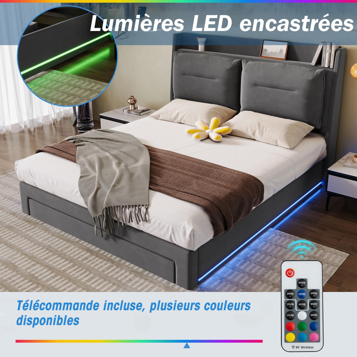 POLSTERBETT 140/190 cm Dunkelgrau aus Samt mit LED und Stauraum - Dunkelgrau, Textil (140/190cm) - OKMYHOME