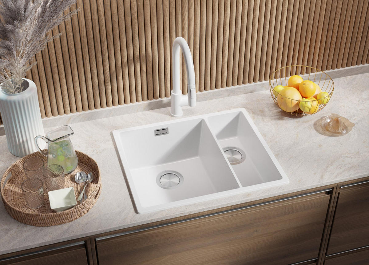 GRANITSPÜLE London Slim Duo, 2-er set Weiß 56/47 cm 1,5 Becken + Küchenarmatur 38/14 cm + Ablauf-Set ab 60er Unterschrank - Chromfarben/Weiß, Kunststoff (56/20/47cm) - Primagran