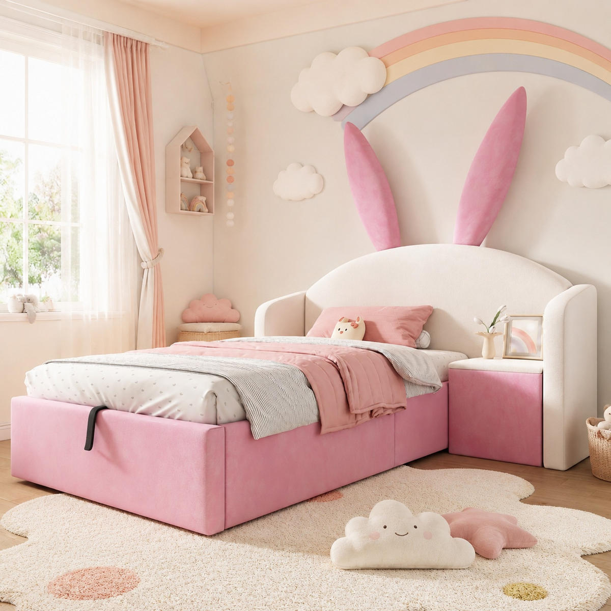 KINDERBETT 90/190 mit Stauraum, Nachttisch und Hasenohren-Kopfteil in Beige und Rosa - Beige/Rosa, Holzwerkstoff/Textil (90/190cm) - EVRYAE