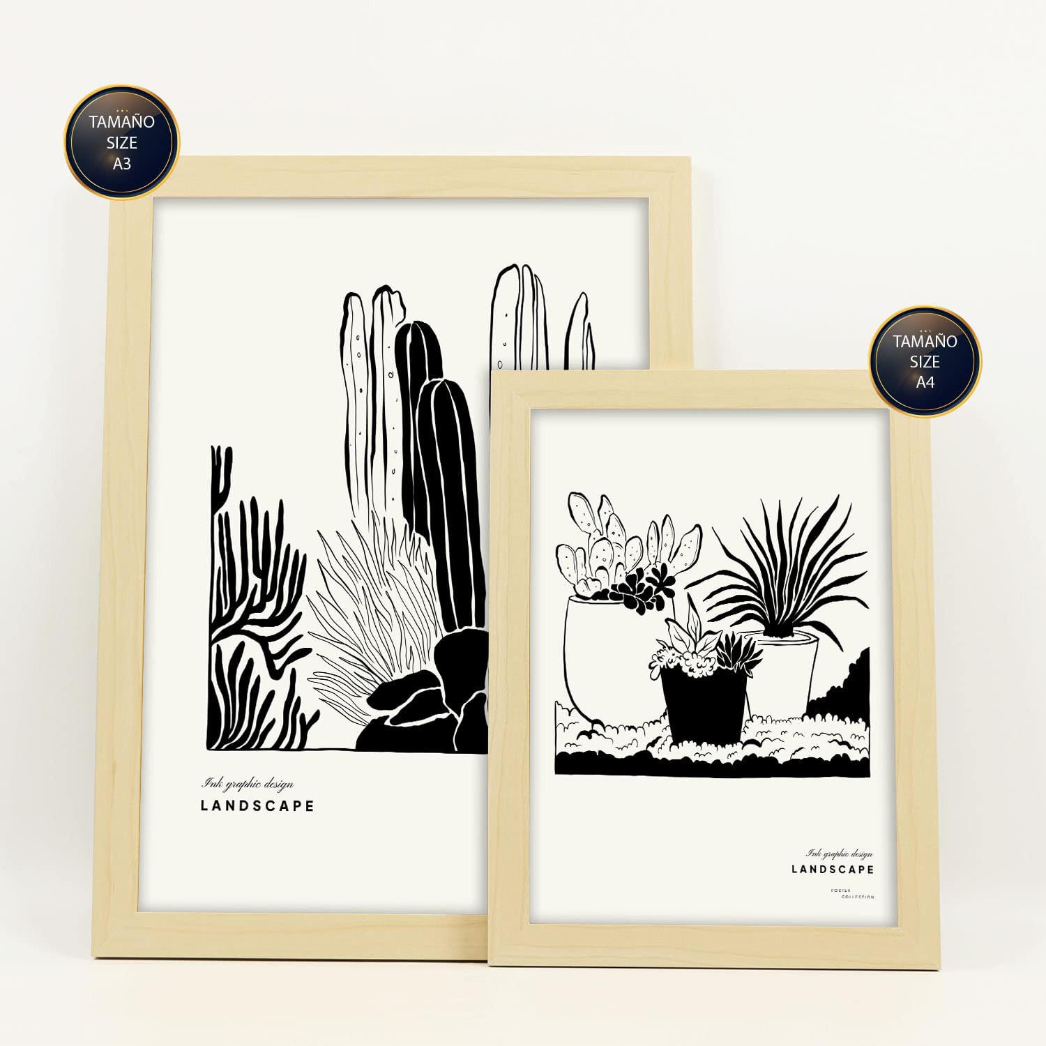 POSTER Set Mit 6 In Schwarzer Tinte Hinterhof Künstlerische Und Abstrakte Drucke Für Innenarchitektur A3 & A4 Rahmen Aus Hellem Holz - Beige, Papier (29/3cm) - Nacnic