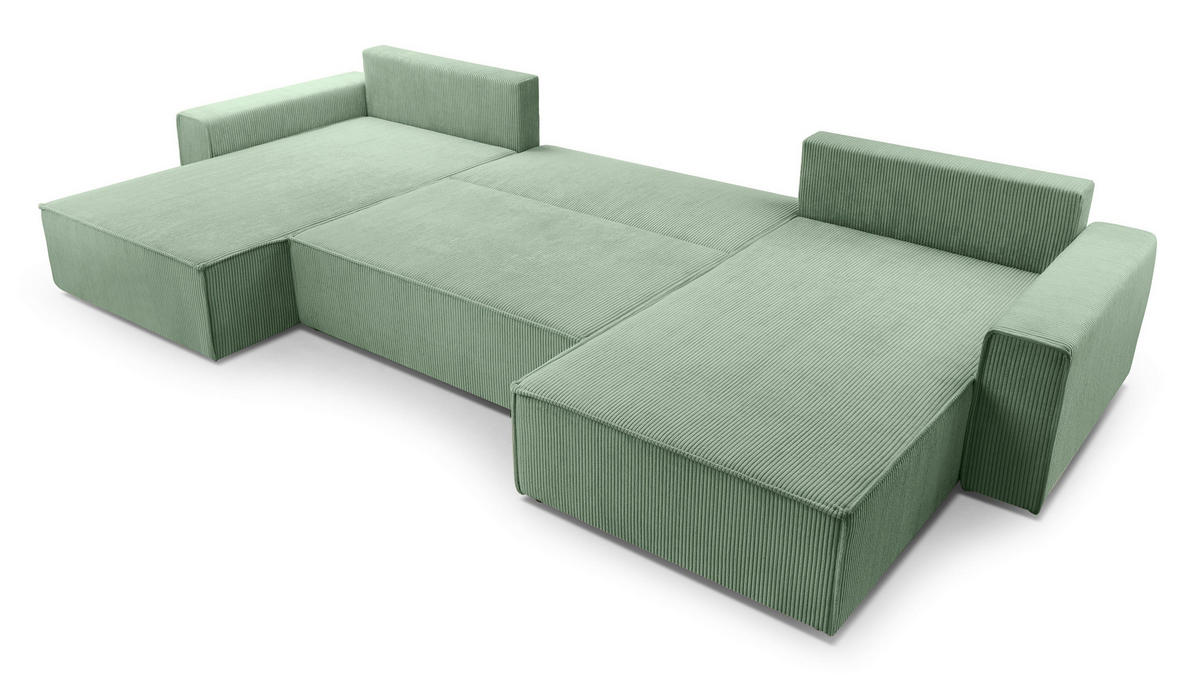 WOHNLANDSCHAFT Cedria Salbeigrün 389/145/85 cm mit Schlaffunktion - Schwarz/Grün, Kunststoff/Textil (389/85/145cm) - AX Living