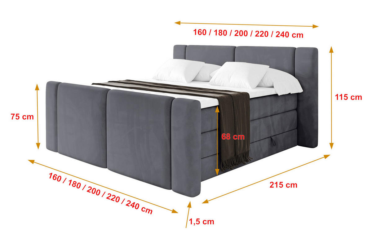 BOXSPRINGBETT mit Matratze H3/H4 - EVON KING Zanozek - 160x200 cm Dunkelgrau - Dunkelgrau, Holzwerkstoff (160/200cm) - ALTDECOR