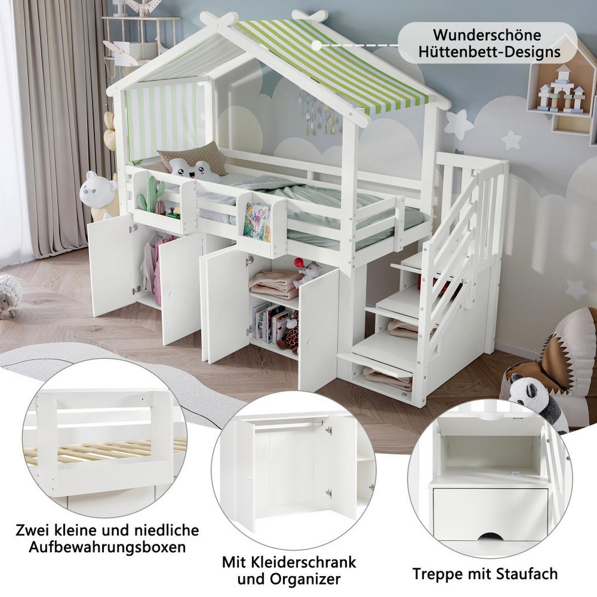 HAUSBETT 90x200cm in Weiß+Grün mit 1 Kleiderschrank und 2 Schließfächer - Weiß, Holz (90/200cm) - KOMHTOM