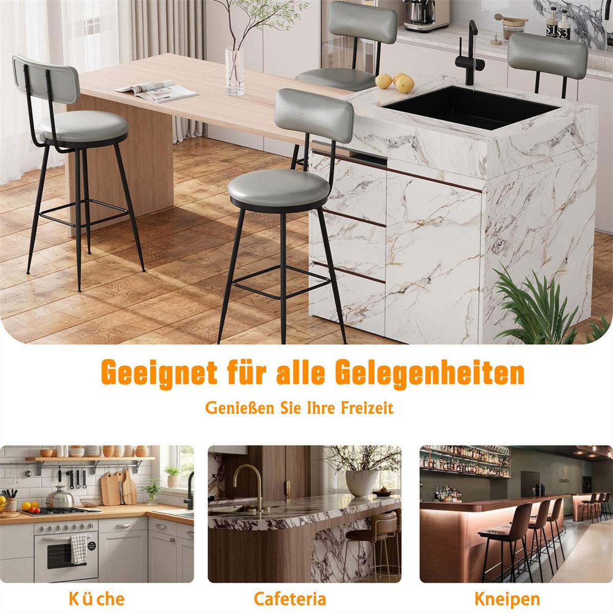 BARHOCKER 2er-Set mit Rückenlehne aus PU-Leder - Barhocker mit Fußstütze für Küche, Bar und Bistro - Grau - Grau, Textil (34/85.5/39.7cm) - DELFA