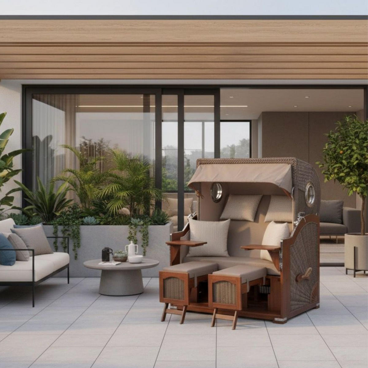 STRANDKORB 2-Sitzer Düne Mahagoni - Taupe/Braun, Holz/Metall (125/170/80cm) - Mr. Deko