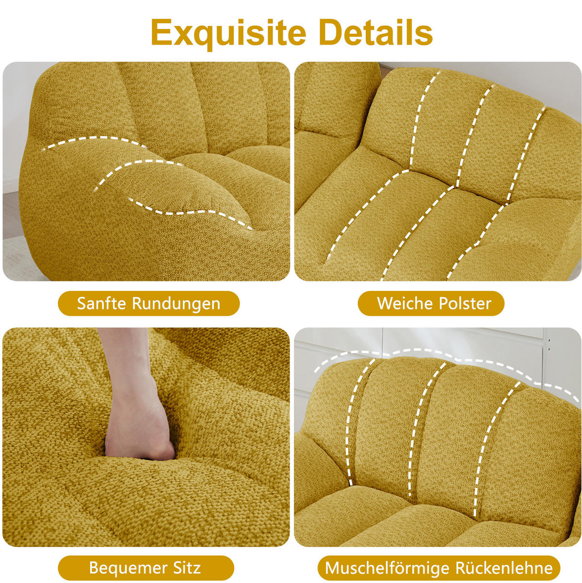 SOFA 2-Sitzer in Gelb mit Ottoman und modularer L-Form - Gelb, Textil (165/79/210cm) - Flora Grace