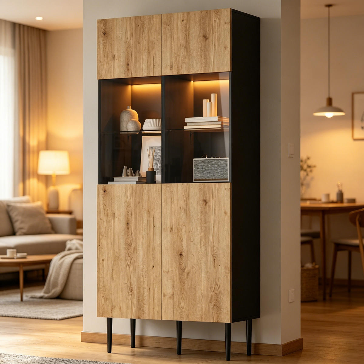 HIGHBOARD in Holzoptik Vitrine mit LED, 10 Staufächern und Glastüren, 80/35/180cm(B/H/T), fürs Wohnzimmer - Schwarz/Naturfarben, Glas/Holzwerkstoff (80/180/35cm) - STILVORA