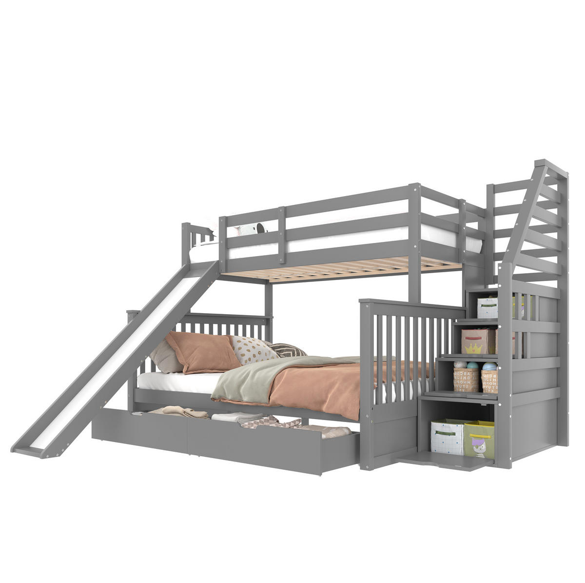 ETAGENBETT 90/200 über 140/200 cm mit Rutsche und Schubladen - Grau, Holz (90/200cm) - BEAOK