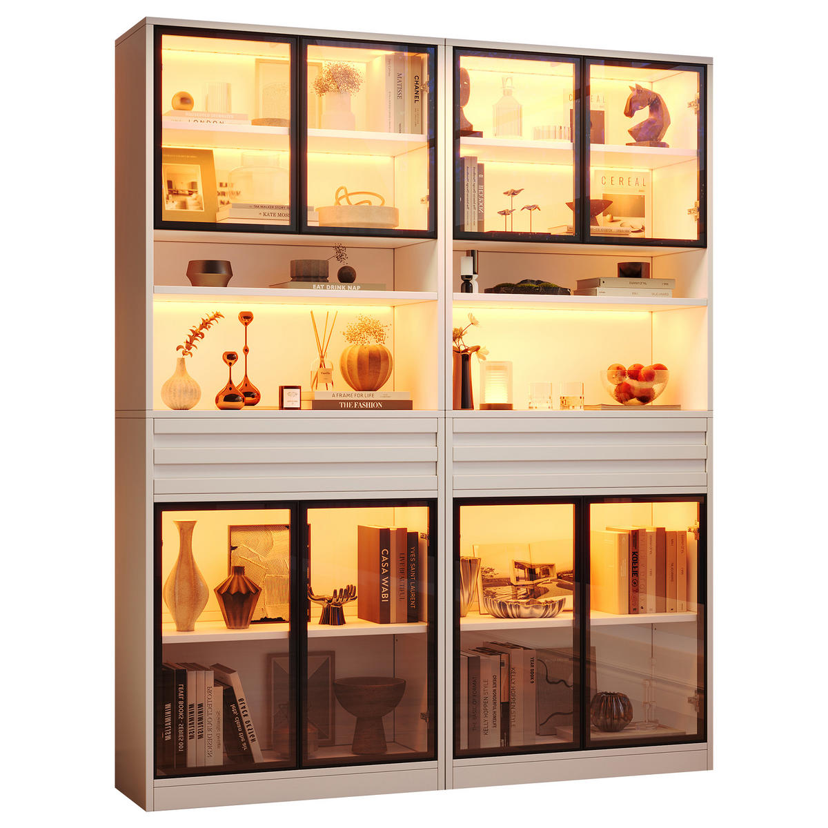 VITRINENSET 80x35x200 cm Weiß mit 8 Glastüren und LED - Weiß, Holzwerkstoff (160/200/35cm) - FLIEKS