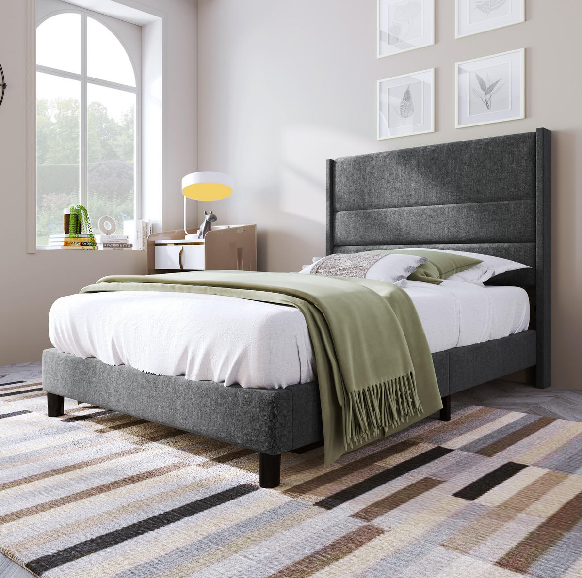 POLSTERBETT 90/200 cm mit Lattenrost, gepolstertes Kopfteil im Nahtdesign, Dunkelgrau - Dunkelgrau, Textil (90/200cm) - Redom
