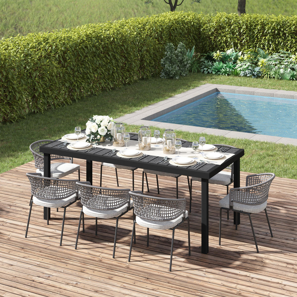 GARTENTISCH DE-07360 für 8 Personen mit Holzoptik und Aluminiumrahmen Schwarz - Schwarz, Kunststoff/Metall (190/90/74cm) - ComfortXL