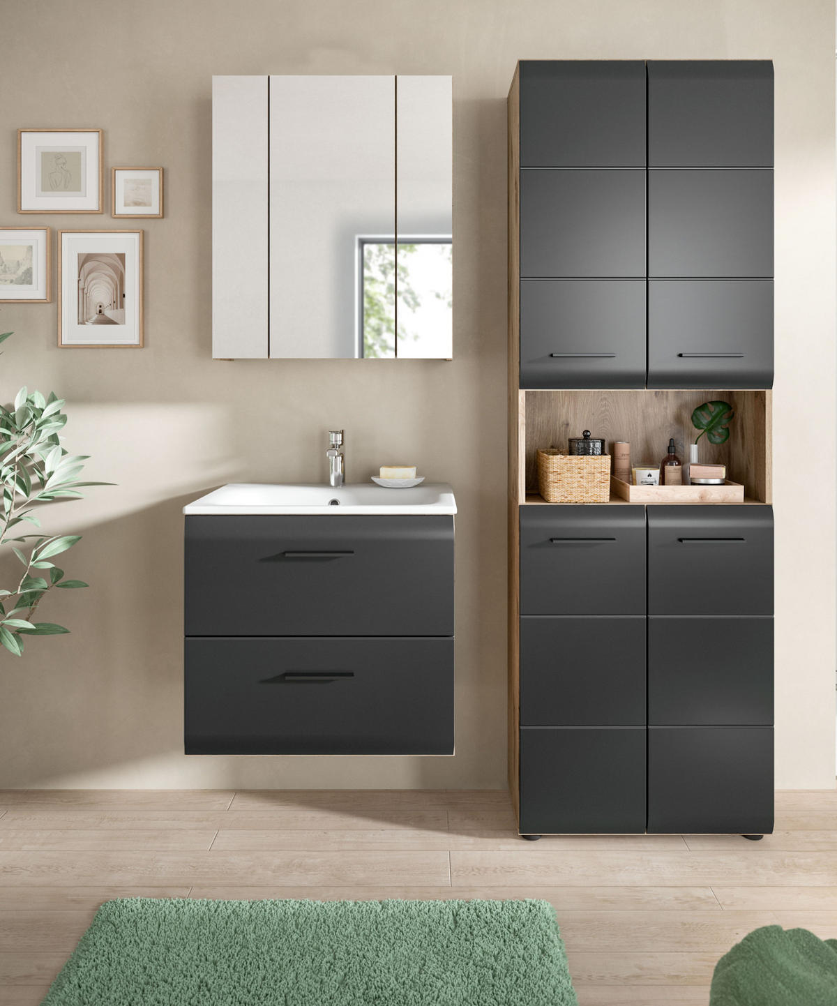 BADMÖBEL-SET schwarz matt, Nox Eiche 3-teilig, Badkombination inklusive Waschbecken - Eichefarben/Schwarz, Glas/Holzwerkstoff (135/185/46cm) - Inn.Furn