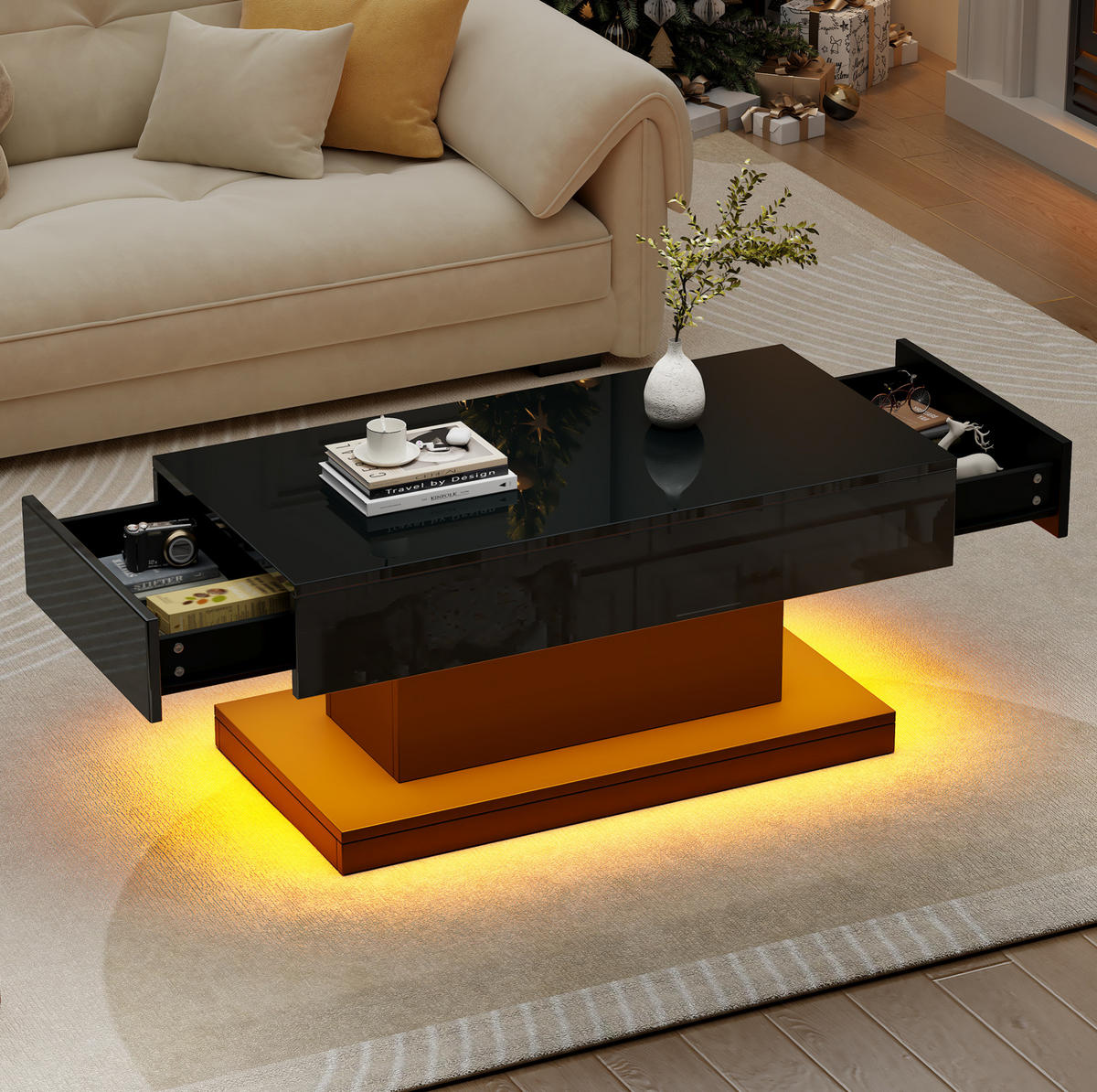COUCHTISCH aus Spanplatte 100x50x45 cm Schwarz mit 2 Schubladen, LED-Beleuchtung und Hochglanz-Oberfläche - Schwarz, Holzwerkstoff (100/50/45cm) - Modfu