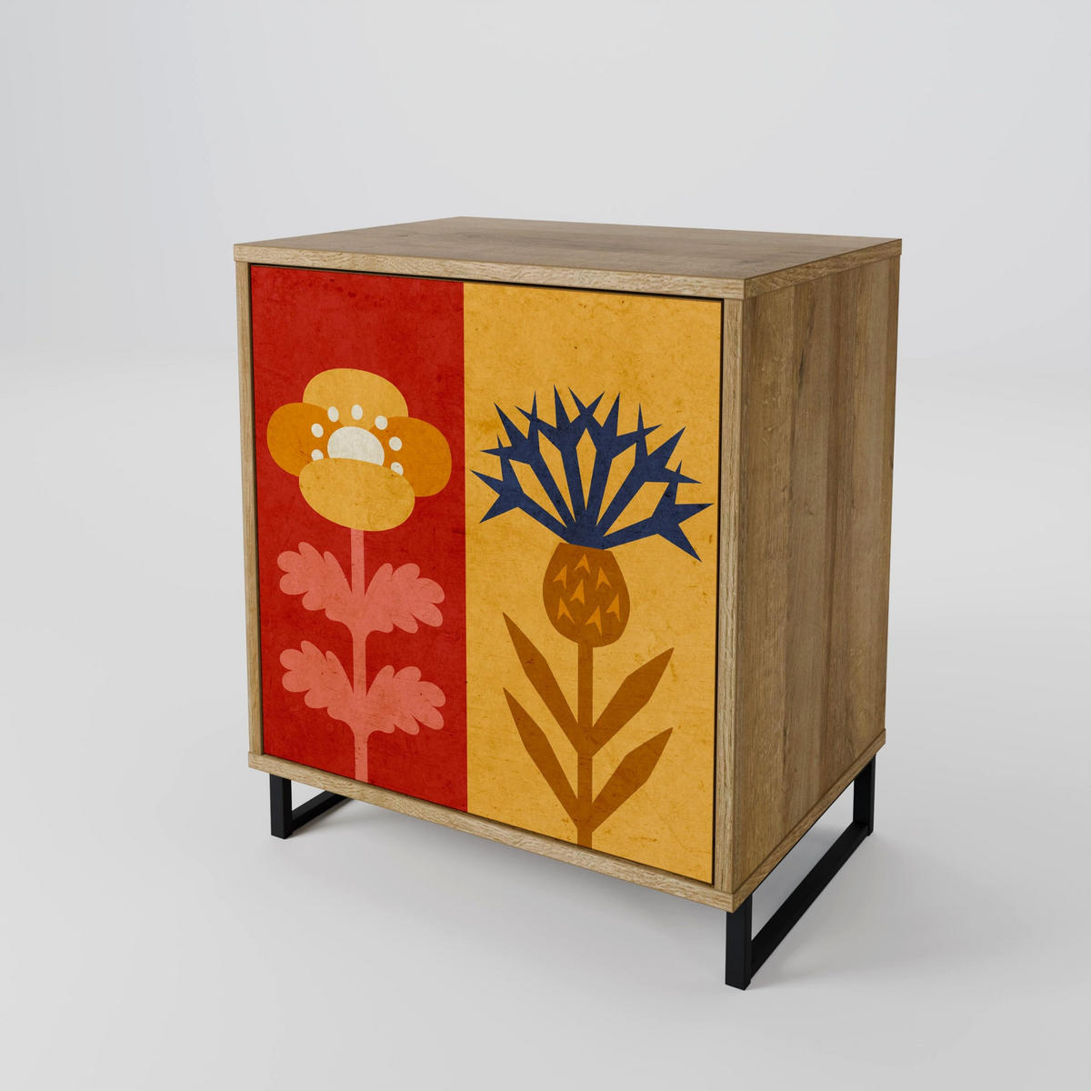 SIDEBOARD SCANDIC FLOWERET, Eichefarben, 57,5x42x70,5 cm, Schwarze Metall-Sternfüße - Eichefarben/Multicolor, Holzwerkstoff/Metall (57.5/70.5/42cm) - SpaceRebels