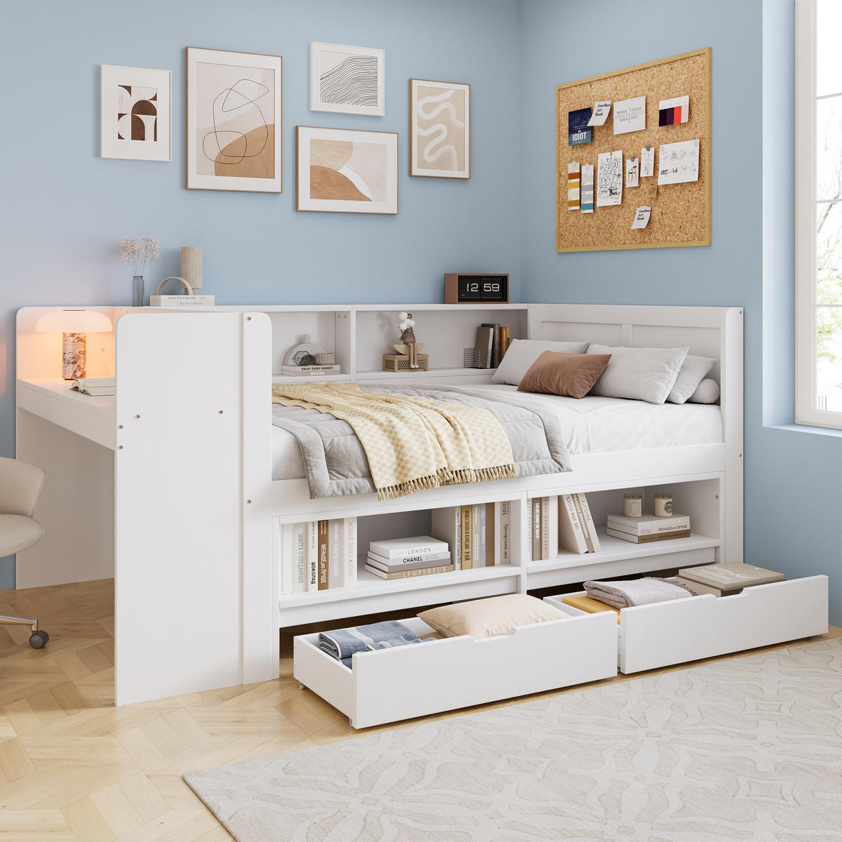 STAURAUMBETT 120/200 cm mit Schreibtisch, DE-41771, in Weiß - Weiß, Holz (120/200cm) - ComfortXL