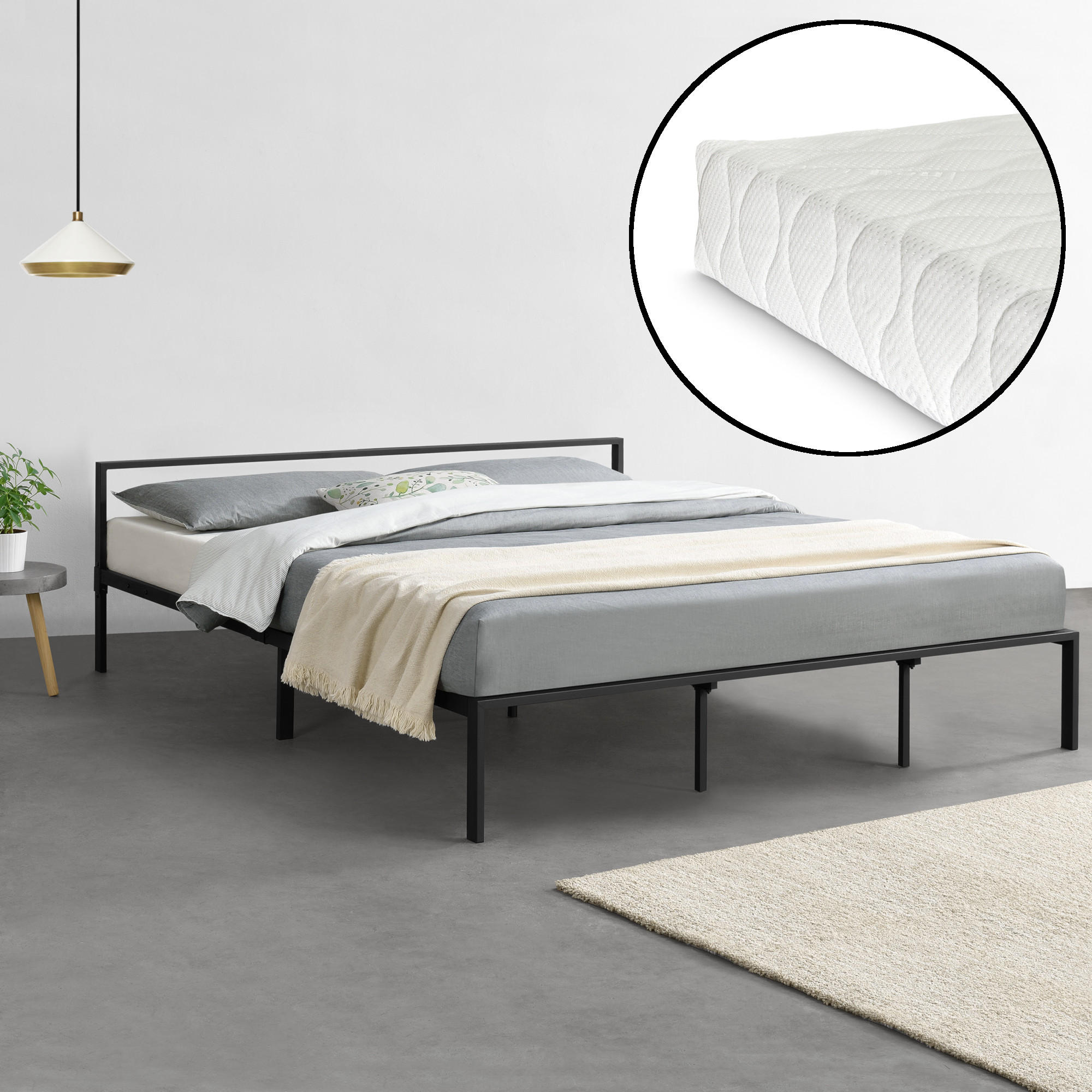 METALLBETT Imatra mit Matratze - Schwarz, Textil/Metall (180/200cm) - [en.casa]