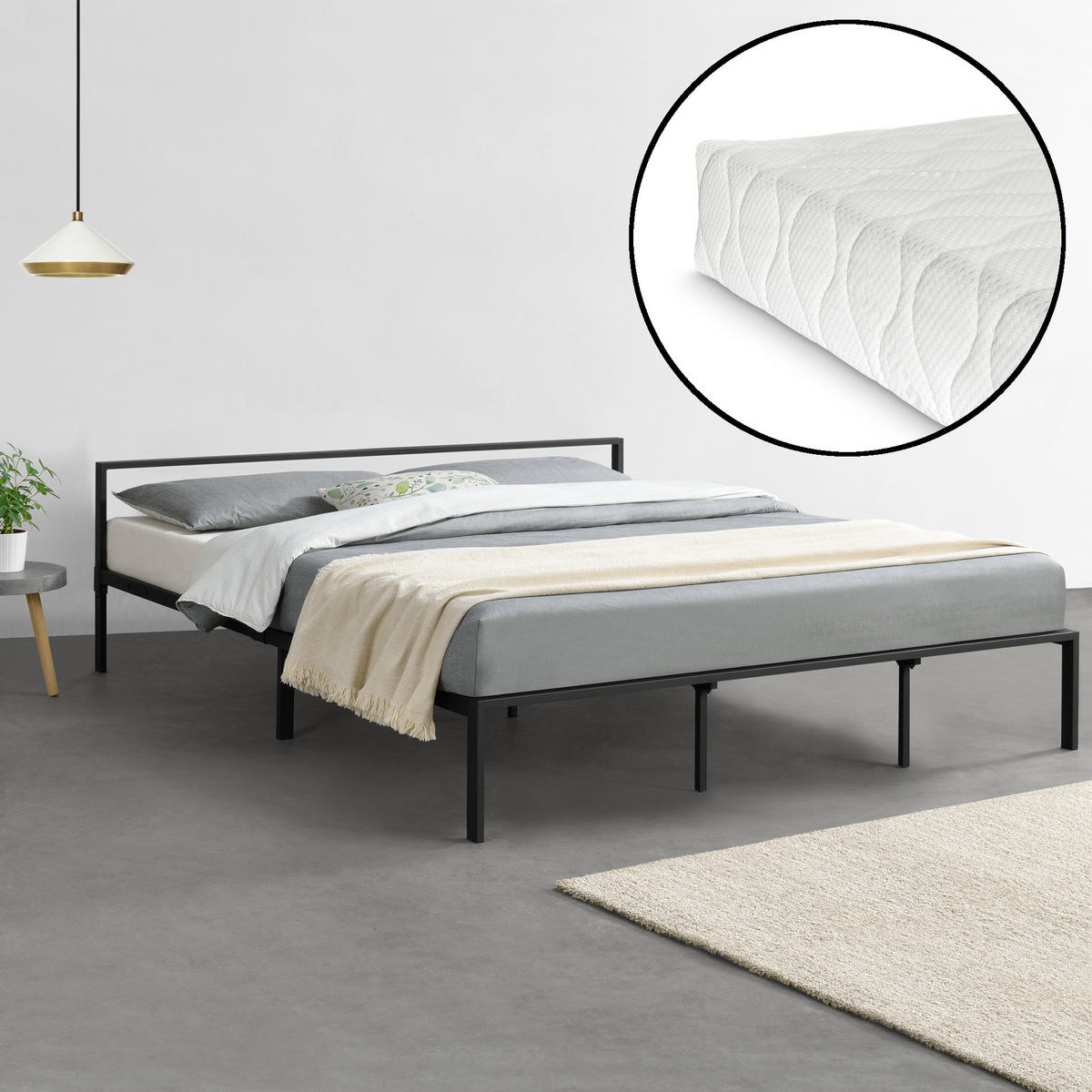METALLBETT Imatra mit Matratze - Schwarz, Textil/Metall (180/200cm) - [en.casa]