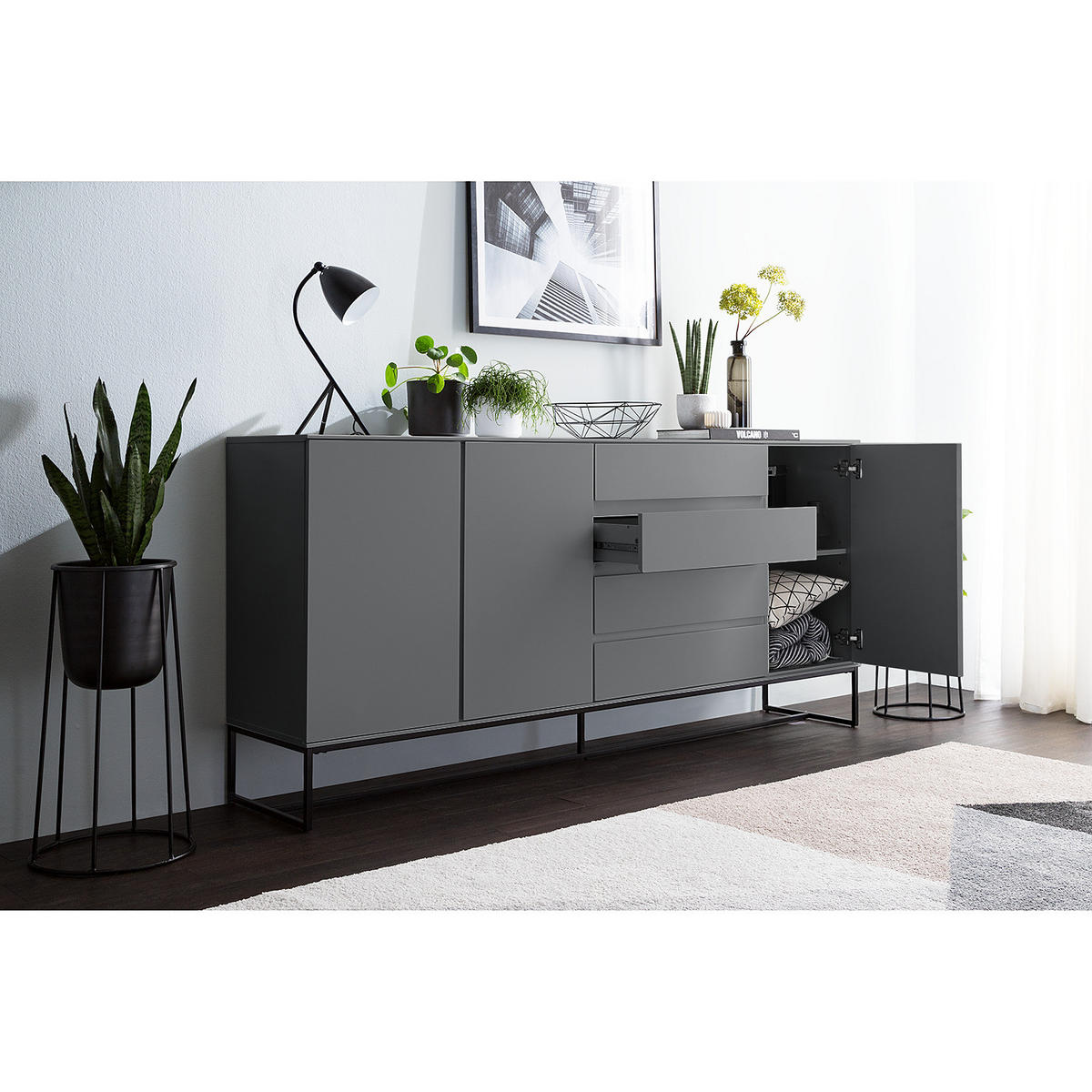 SIDEBOARD - Schwarz/Grau, Holzwerkstoff (186/86/40cm) - home24