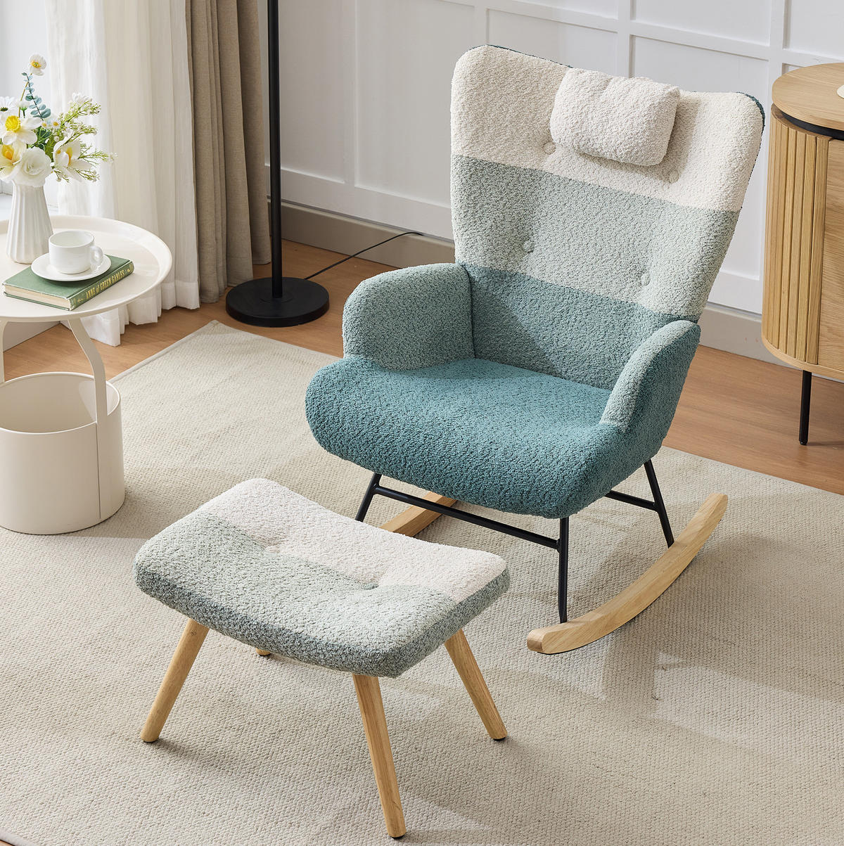 SCHAUKELSTUHL mit Hocker 83/65,5/95 cm in Multicolor aus Bouclé mit Seitentasche - Multicolor, Textil (83/95/65.5cm) - Flora Grace