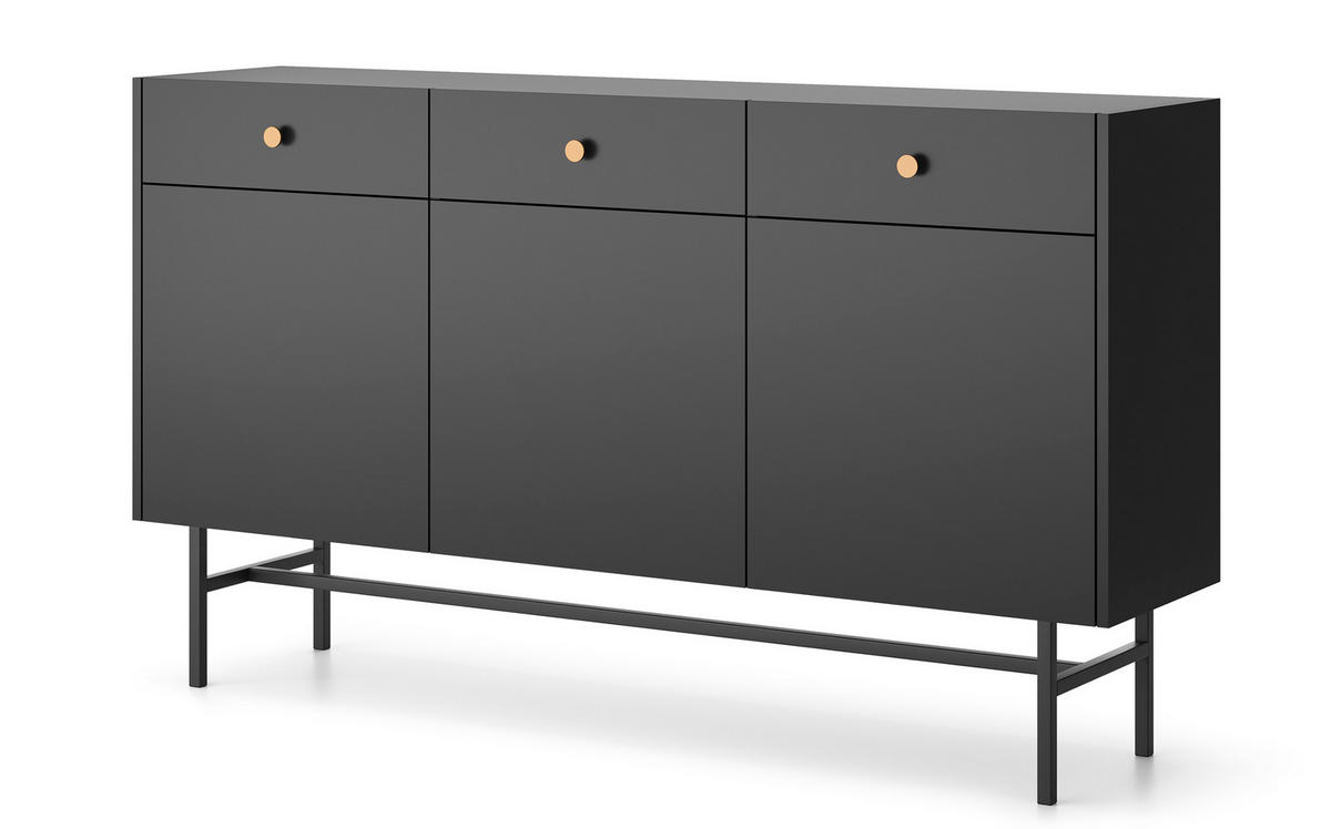 SIDEBOARD Dinley 3T 3S Schwarz 155/89,4/39 cm – mit schwarzen Beinen im minimalistischen Design - Schwarz, Holzwerkstoff/Metall (155/89.4/39cm) - AX Living